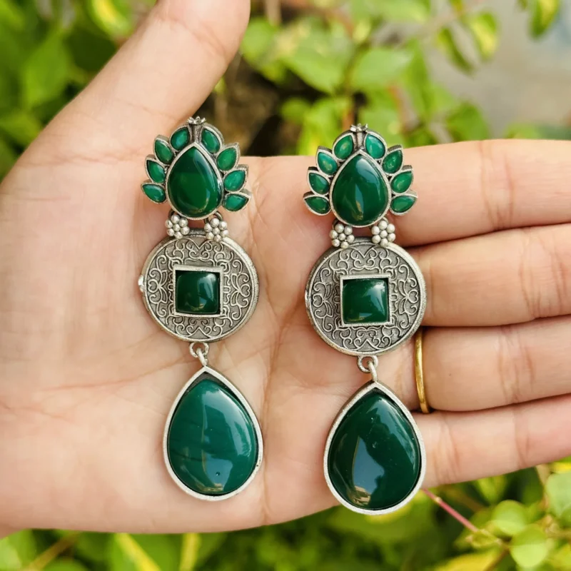 Elegant Handcrafted Designer Earrings in Dark Green - Image 2