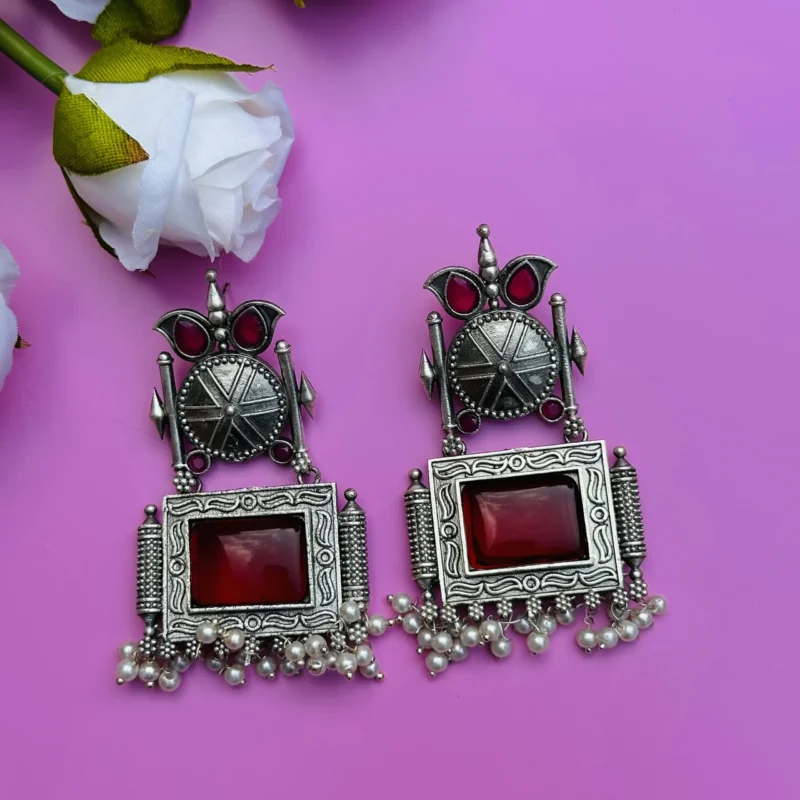 Red Color Silver Replica Designer Earrings